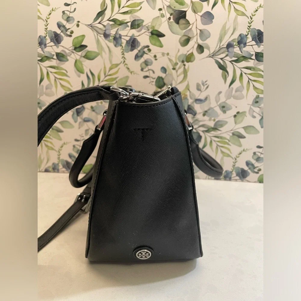 Tory Burch Robinson Floral Tote Shoulder Crossbody Handbag‎ Black Blue Leather
